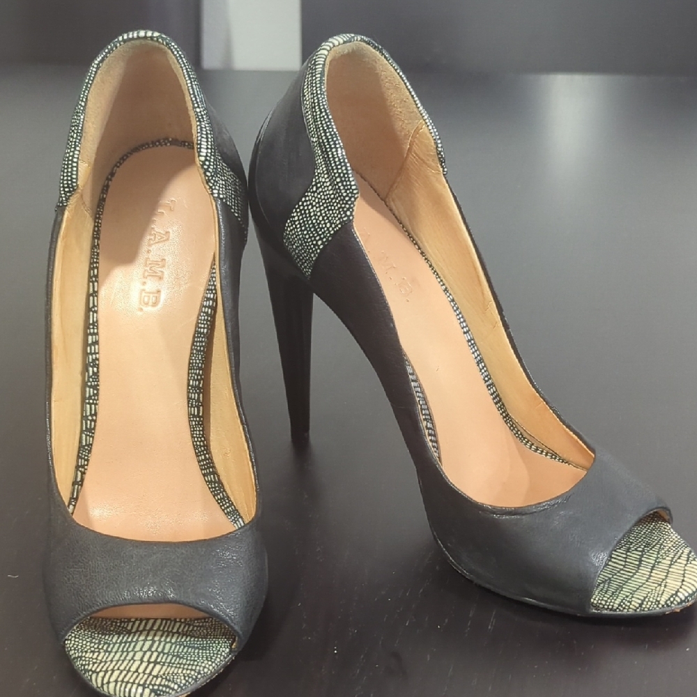 L.A.M.B. Black and Cream Peep-Toe Heels